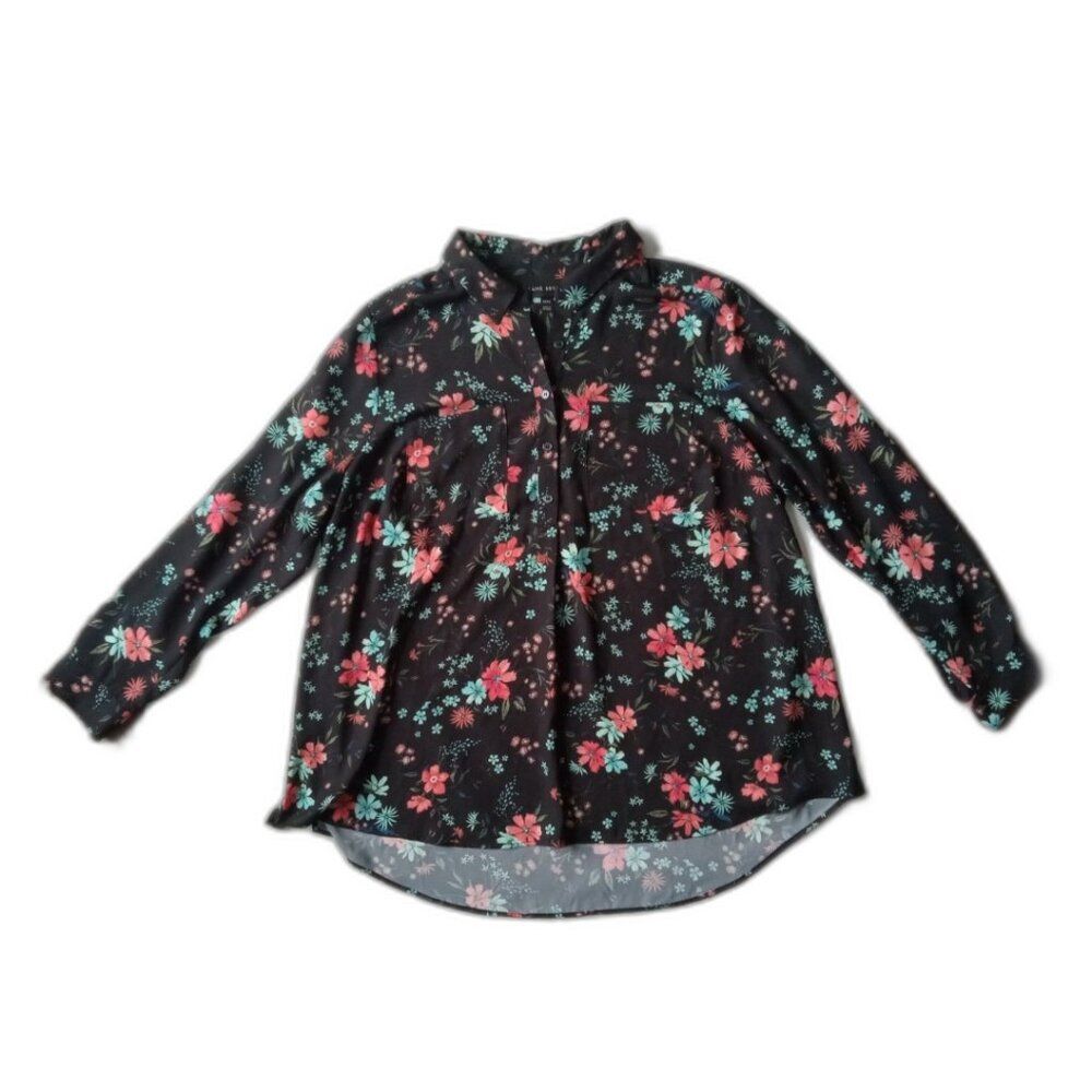 Lane Bryant Black and Colorful Floral Print Roll Tab Sleeve Button Blouse 14 16